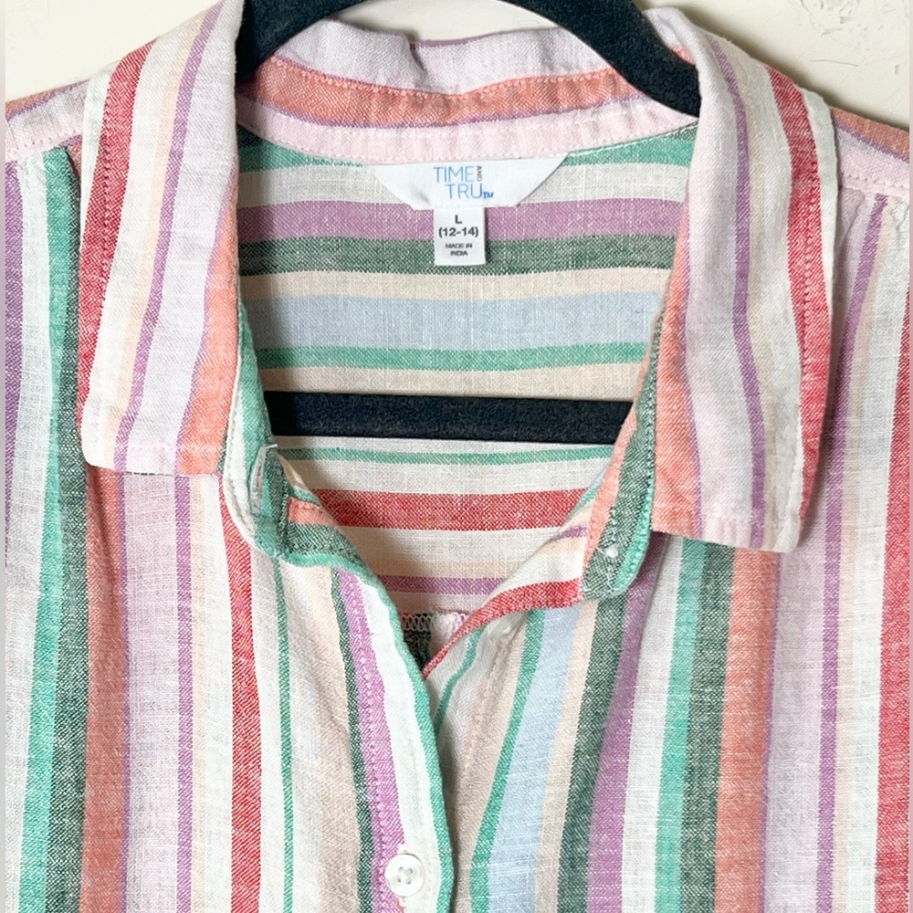 Time and Tru Linen Blend Striped Button Down Shirt Size Large - Picture 2 of 5